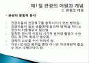 관광의 어원, 개념, 관광객, 관광자의 개념, 관광과의 유사개념, 여가, 레크레이션 비교 분석, 관광 구성요소, 학문적 성격, 관광구조 3체계론, 특징, 종류, 전망 9페이지