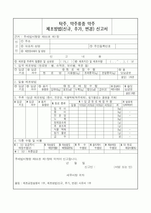 (국세청)탁주 약주류중 약주 제조방법 신고서