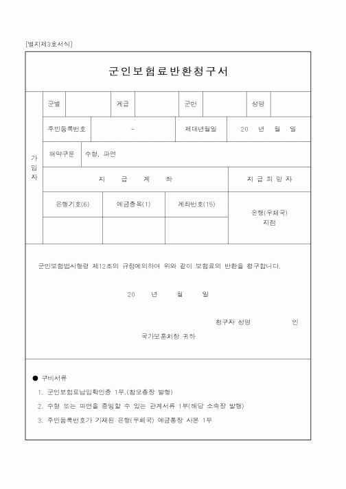 (국가보훈처)군인보험료반환청구서1