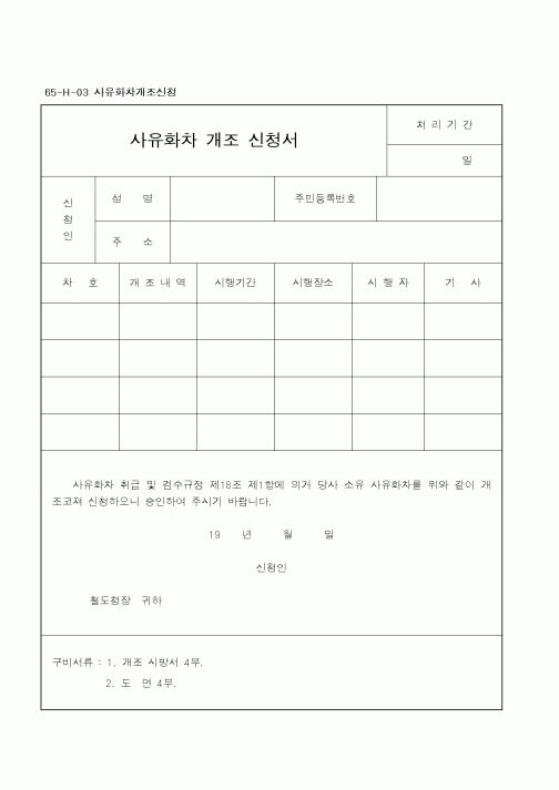 (철도청)사유화차 개조 신청서