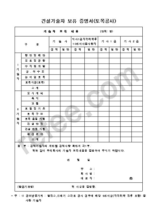 건설기술자 보유 증명서(토목공사)