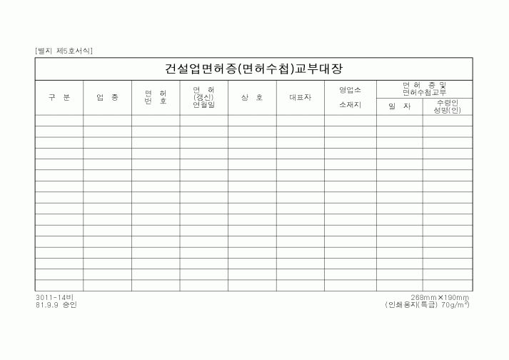(건설교통부)건설업면허증(면허수첩)교부대장