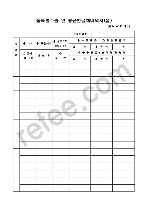 품목별수출및평균환급액내역서(을)