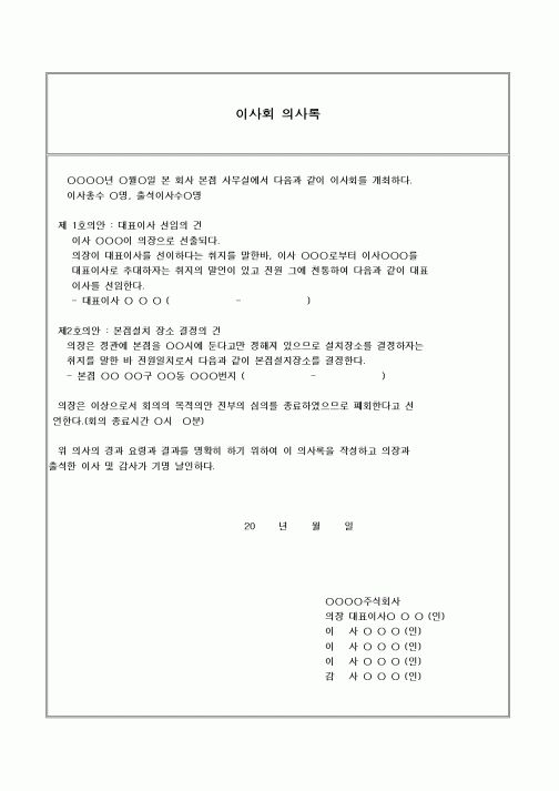 (창업)이사회의사록
