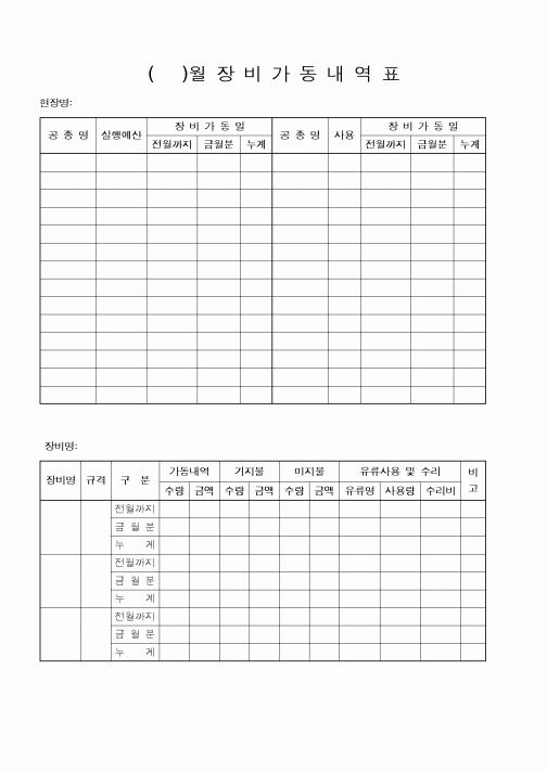 (생산/관리)장비가동내역표