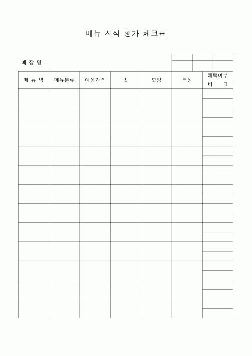 (경영)메뉴시식 평가체크표 (외식업)