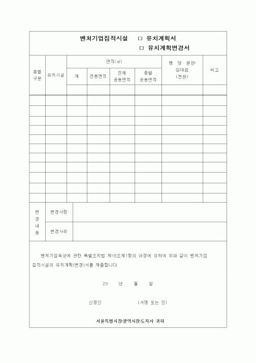 (창업)벤처기업집적시설 유치계획서(유치계획변경서)