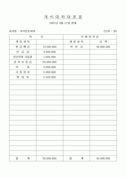 (세무/회계)개시대차대조표1