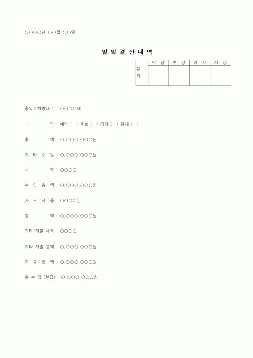 (판매/영업)일일결산 내역(자동차 판매)