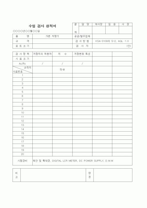 (제조/생산)수입검사성적서(2)-가변저항기
