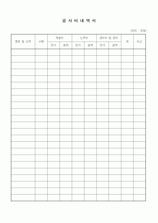 (기타건설)공사비내역서