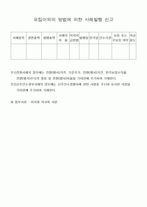 (은행/금융)모집이외의 방법에 의한 사채발행 신고