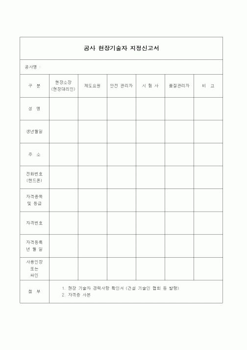 (인원관리)공사 현장기술자 지정신고서