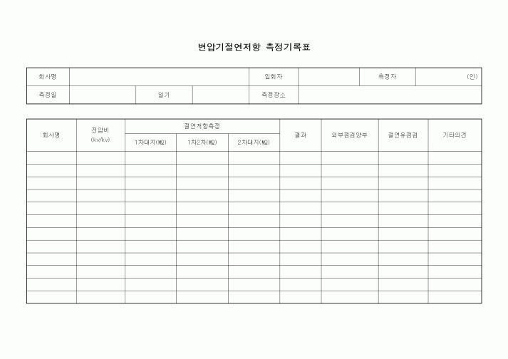 (건설관계법규)변압기절연저항 측정기록표