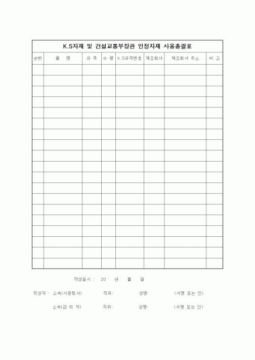 (품질관리)K.S자재 및 건설교통부장관 인정자재 사용총괄표1