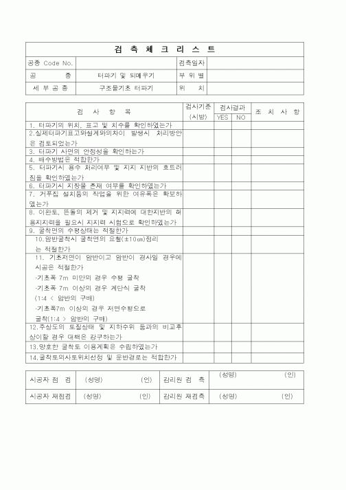 (품질관리)검측체크리스트(터파기 및 되메우기(구조물뒷채움))
