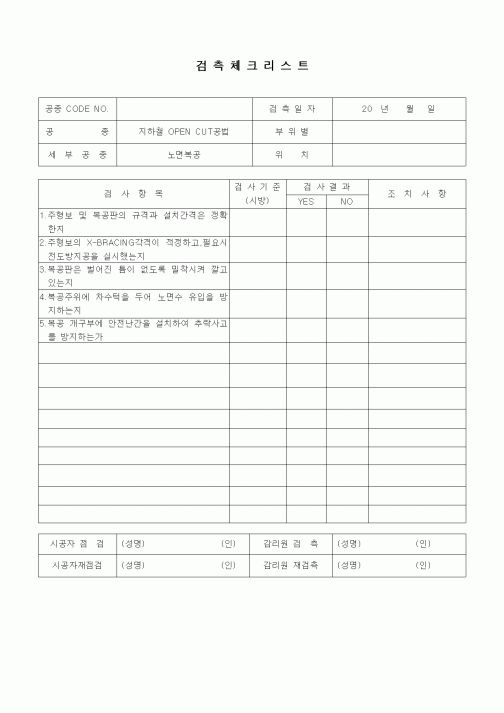 (품질관리)검측체크리스트(철도 및 지하철공사,지하철OPENCUT공법,노면복공)