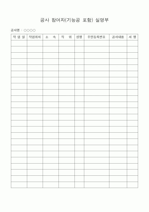 (기타건설)공사 참여자(기능공 포함) 실명부
