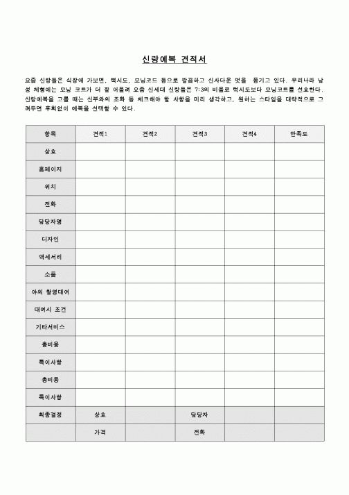 (혼인/이혼)신랑예복 견적서