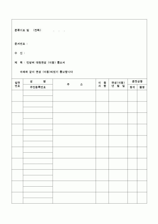 (교육행정)민방위대원 편성이동 통보서