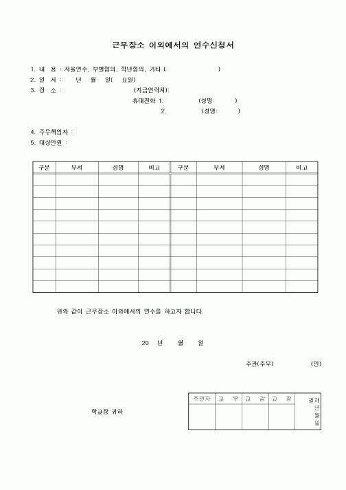 (중/고등학교)근무장소 이외에서의 연수신청서