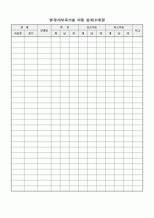 (특수/보육/유치원)영·유아보육시설 아동 입·퇴소대장
