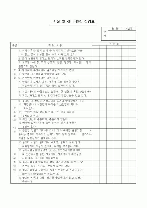 (특수/보육/유치원)시설 및 설비 안전 점검표