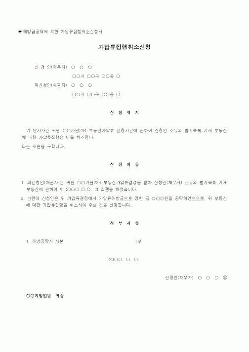 (채권/채무)가압류집행취소신청