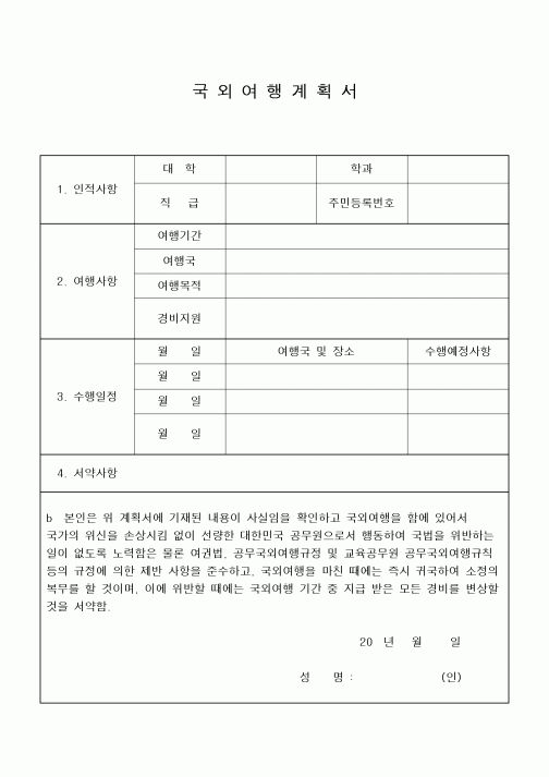 (석사/박사/연구원)국외여행계획서