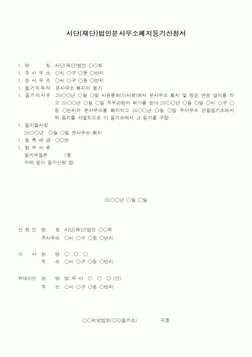 (민사소송)사단(재단)법인 분사무소 폐지등기신청서(폐지하는 분사무소 소재지)
