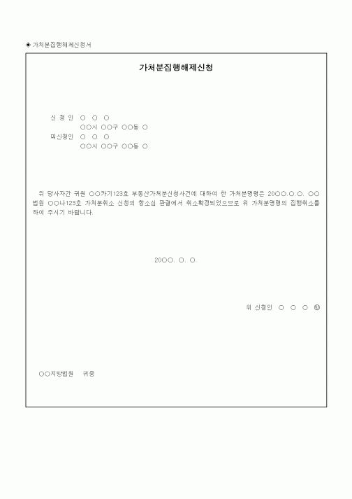 (채권/채무)가처분집행해제신청서