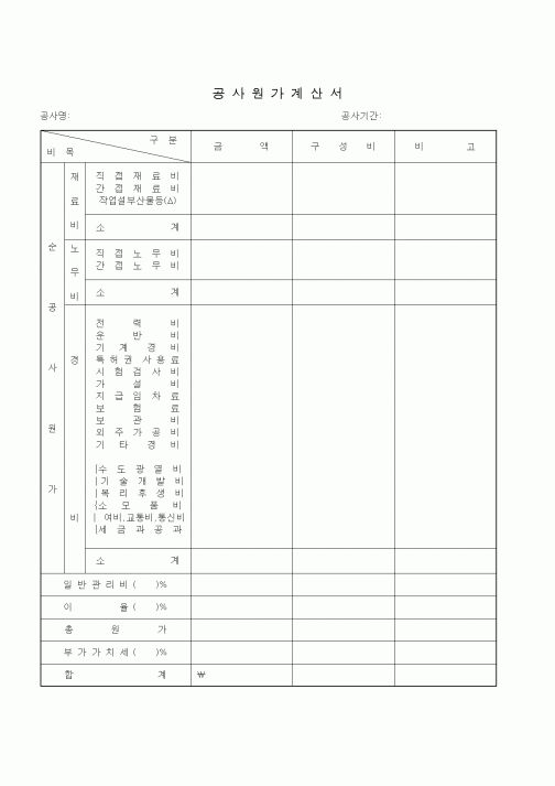 (기타건설)공사원가계산서