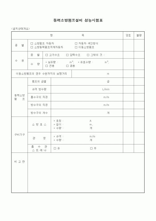 (안전관리)동력소방펌프설비 성능시험표