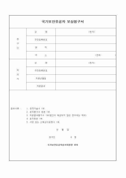 (국가보훈처)국가보안유공자 보상청구서