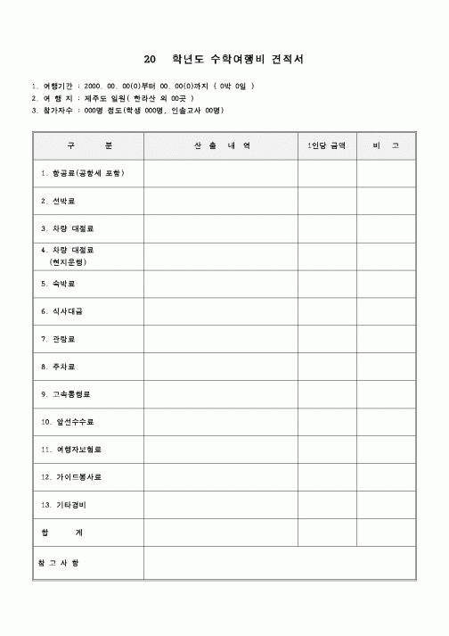 (중/고등학교)수학여행비 견적서