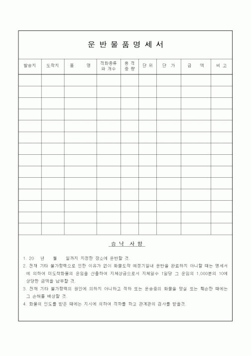 (기타)운반물품명세서