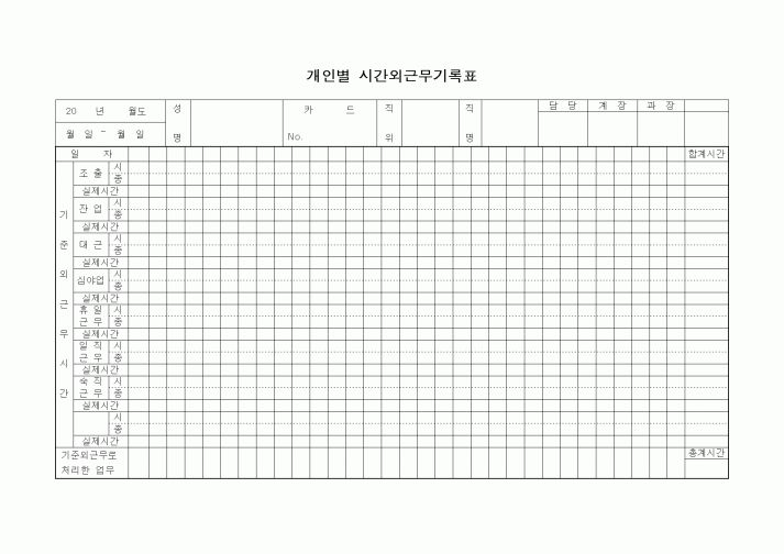 (인사/노무)개인별 시간외근무기록표