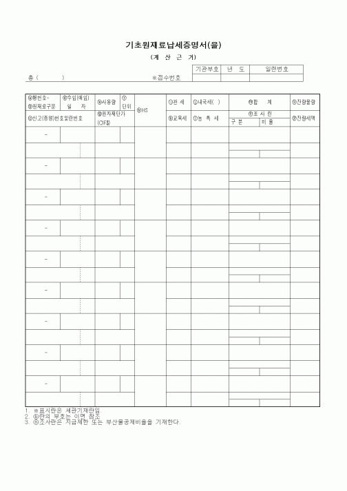 (생산/관리)기초원재료납세증명서(을)