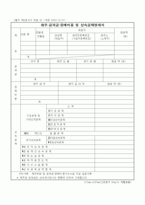 (상속/증여)채무 공과금 장례비용 및 상속공제명세서