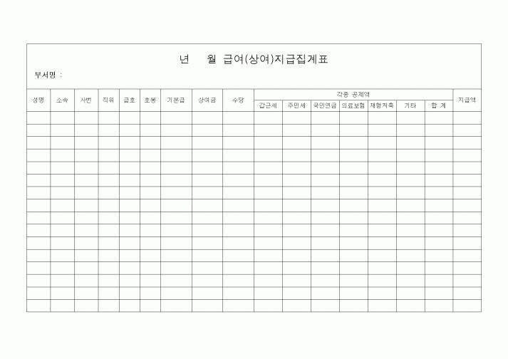 (인사/노무)년 월 급여(상여)지급집계표