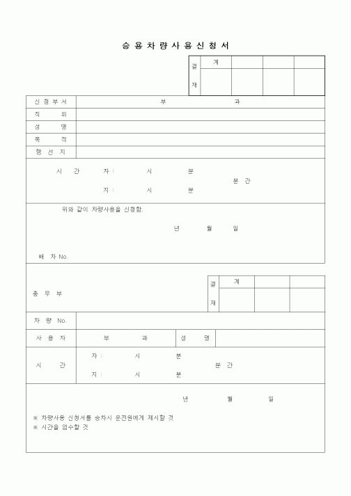 (영업)승용차량사용신청서