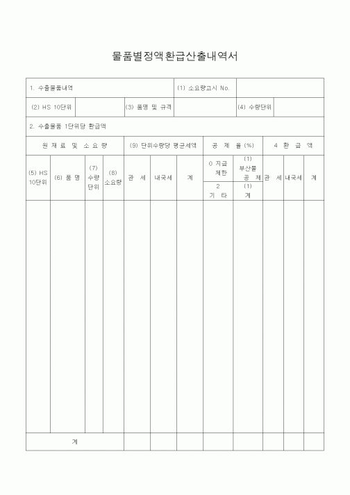 (기타)물품별정액환급산출내역서