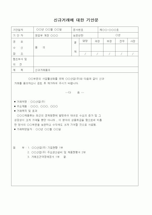(판매/영업)신규거래에 대한 기안문