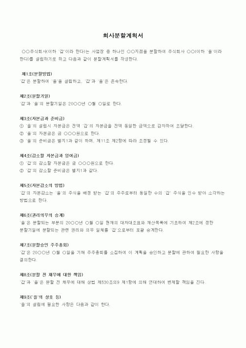 (경영)회사분할계획서