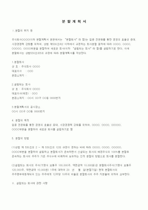 (경영)분할 계획서(인적분할 방식)