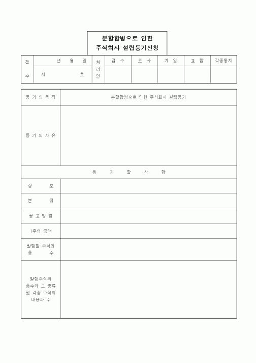 (경영)분할합병으로 인한 주식회사 설립등기신청(분할합병으로 인한 신설회사의 경우)