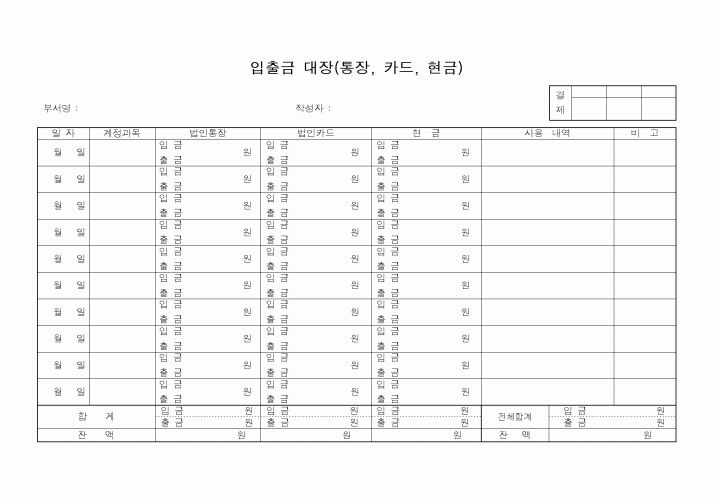 (경리)입출금 대장(통장, 카드, 현금)