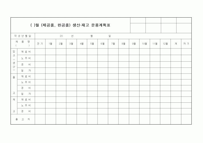 (기타)제공품, 완공품 생산,재고 운용계획표