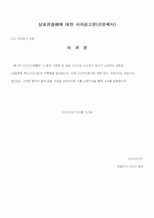 (기타)상표권침해에 대한 사과공고문(신문제시)