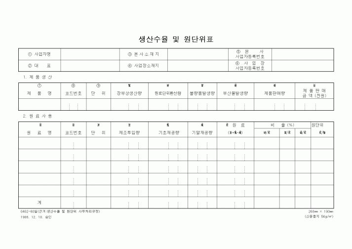 (경리)생산수율 및 원단위표